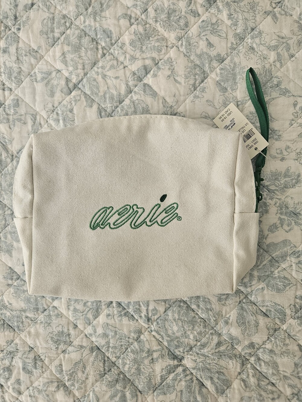 Aerie Cream Canvas Pouch with Green Script Logo